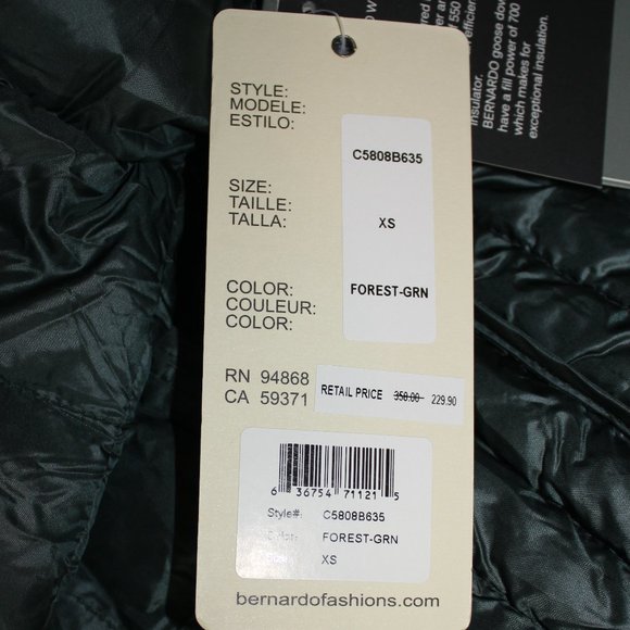 NWT Bernardo - Packable EcoPlume™ Coat  green  size XS - Picture 9 of 12